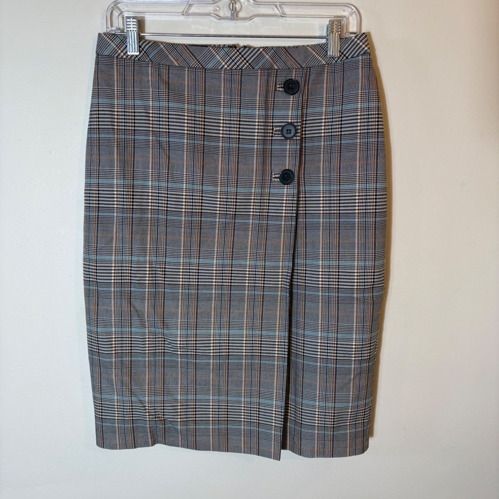 Talbots Petite 6P Plaid Pencil Skirt Button Accent Career Professional‎